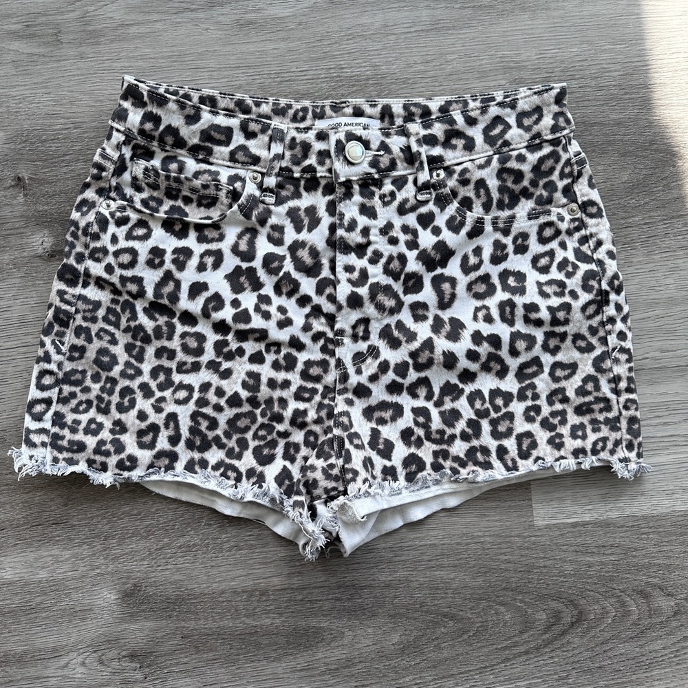 Good American leopard print denim shorts